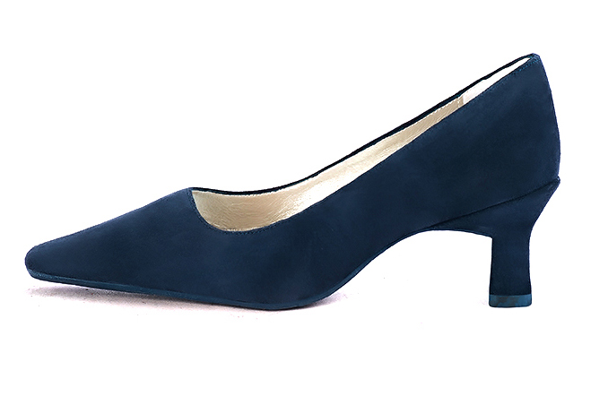 Navy blue women's dress pumps,with a square neckline. Tapered toe. Medium spool heels. Profile view - Florence KOOIJMAN